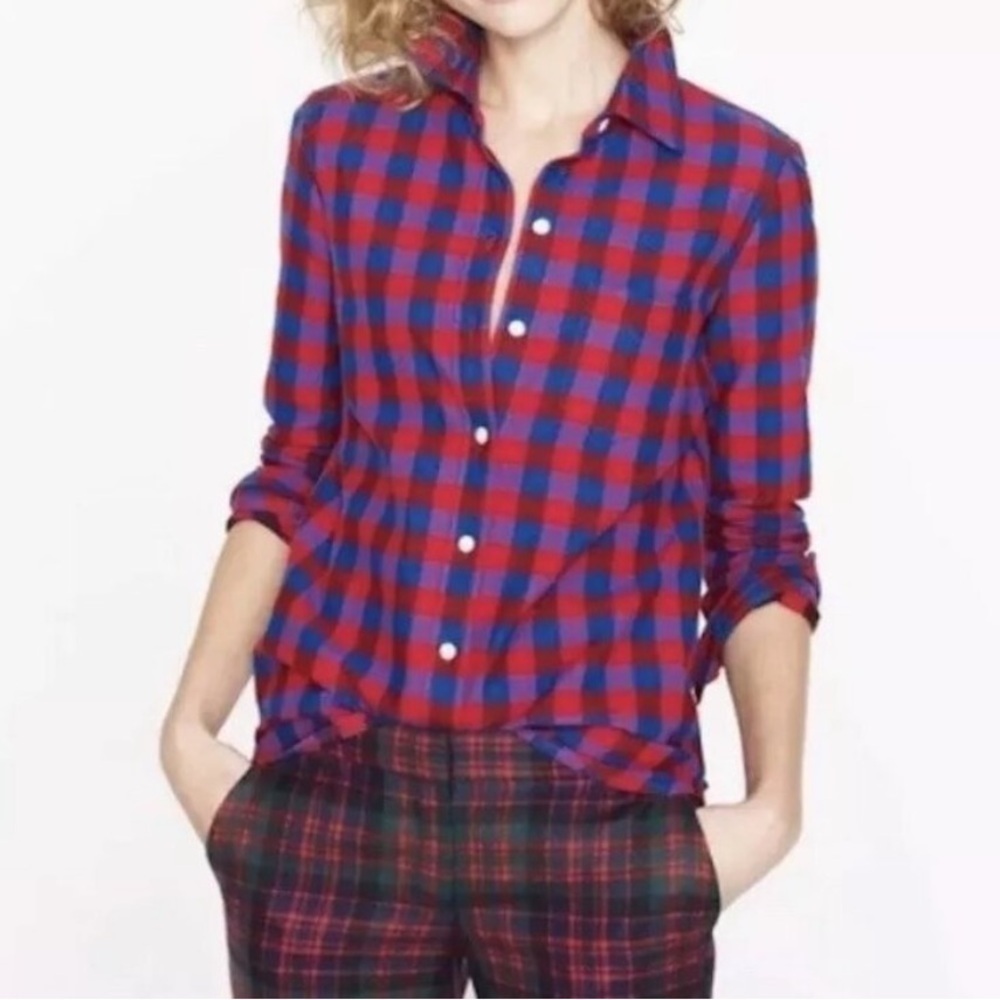 J.Crew Plaid Boy Fit Button Down Shirt Red Blue Cotton Size M Classic Preppy